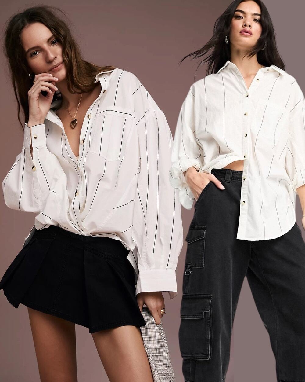 Free People Oversized Happy Hour Stripe Button Down Top White Black Medium